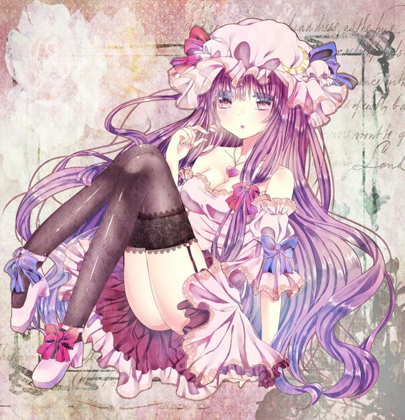 Anime picture 1590x1647 with touhou patchouli knowledge gingetsu ringo single long hair tall image light erotic purple eyes purple hair girl thighhighs dress bow black thighhighs frills pendant bonnet lollipop
