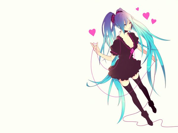 Anime picture 1600x1200 with vocaloid hatsune miku nao (artist) single long hair looking at viewer simple background standing white background twintails holding purple hair very long hair multicolored hair light smile aqua hair girl thighhighs dress black thighhighs