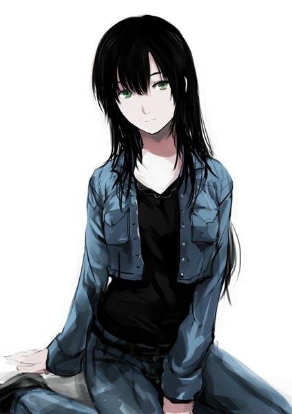 Anime picture 826x1169 with original kamemushi (hoozuki) single long hair tall image fringe black hair simple background white background sitting green eyes long sleeves light smile open clothes open jacket pale skin denim girl shoes jacket