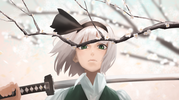 Anime picture 1120x630 with touhou konpaku youmu amino (tn7135) single looking at viewer fringe short hair wide image green eyes silver hair wind plum blossoms girl flower (flowers) ribbon (ribbons) weapon plant (plants) hair ribbon petals sword