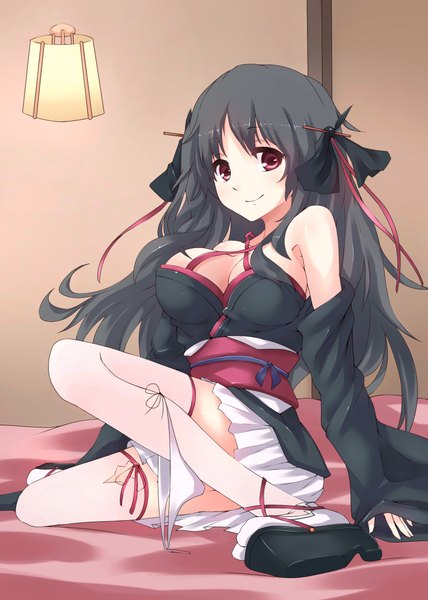 Anime picture 1600x2240 with machine-doll wa kizutsukanai yaya (machine-doll) gosledging single long hair tall image breasts light erotic black hair red eyes traditional clothes japanese clothes girl thighhighs underwear panties bow hair bow detached sleeves white thighhighs