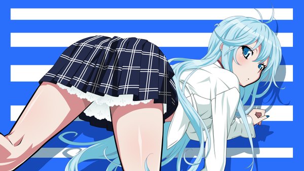 Anime picture 1920x1080 with denpa onna to seishun otoko shaft (studio) touwa erio j (shining-next) single long hair highres blue eyes light erotic wide image blue hair looking back girl skirt miniskirt shirt