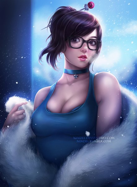 Anime picture 663x900 with overwatch blizzard entertainment mei (overwatch) nindei single tall image short hair breasts light erotic black hair large breasts bare shoulders signed cleavage upper body wind black eyes realistic lipstick watermark
