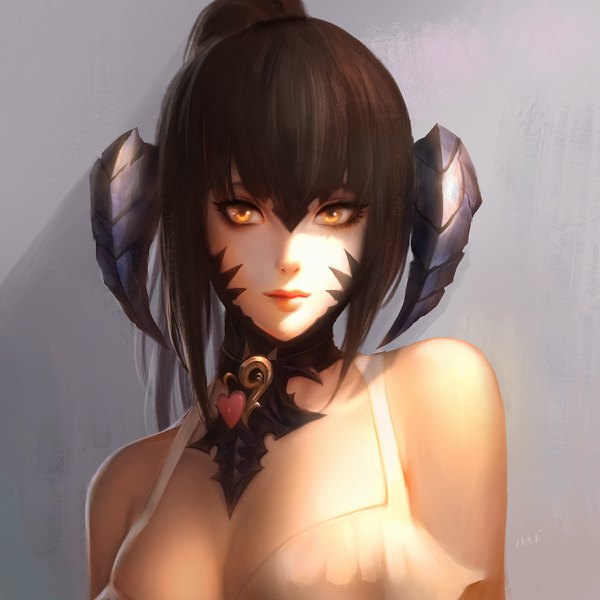 Anime picture 1200x1200 with final fantasy final fantasy xiv square enix au ra chaosringen single long hair looking at viewer fringe breasts light erotic simple background hair between eyes brown hair bare shoulders yellow eyes cleavage upper body ponytail horn (horns)
