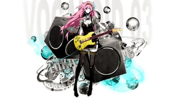 Anime picture 1366x768 with vocaloid megurine luka single long hair blue eyes wide image pink hair girl thighhighs dress black thighhighs headphones fingerless gloves guitar speakers bass guitar