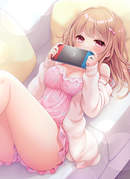 Anime picture 1000x1379 with original nintendo stardrop single long hair tall image looking at viewer blush fringe breasts light erotic brown hair holding payot cleavage bent knee (knees) indoors lying blunt bangs long sleeves