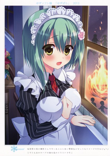 Anime picture 2115x3000 with noble works tsukiyama sena ameto yuki single tall image looking at viewer blush fringe highres short hair breasts open mouth standing yellow eyes green hair maid alternate costume hand on chest evening girl