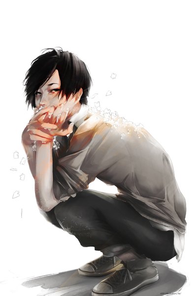 Anime picture 958x1451 with original re (artist) single tall image looking at viewer short hair black hair simple background white background signed black eyes squat hand on face twisty sleeves boy shoes sneakers puzzle
