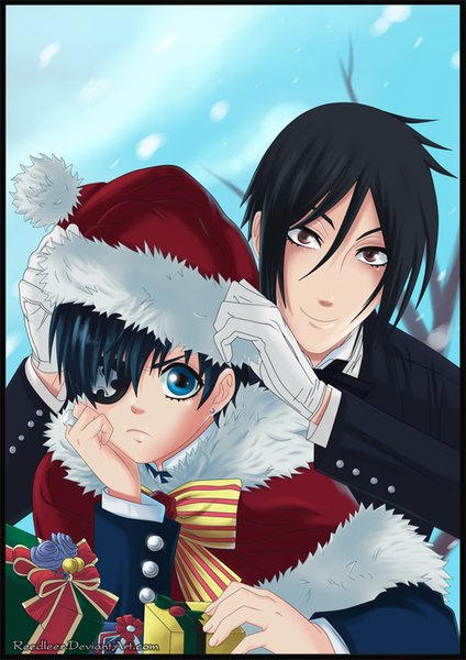 Anime picture 1024x1450 with kuroshitsuji a-1 pictures sebastian michaelis ciel phantomhive reedleer tall image short hair blue eyes black hair smile brown eyes sky sunlight arm support fur trim coloring christmas striped merry christmas butler