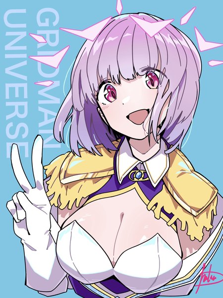 Anime picture 2048x2732 with gridman universe ssss.gridman gridman universe (film) studio trigger shinjou akane shinjou akane (new order) hanten (hantennano) single tall image highres short hair breasts open mouth light erotic simple background large breasts cleavage purple hair upper body :d