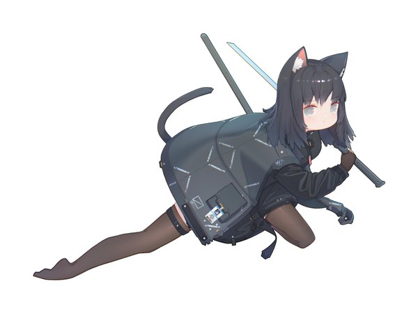 Anime picture 4096x3051 with original puremage single long hair looking at viewer fringe highres simple background white background animal ears absurdres full body tail long sleeves animal tail cat ears cat girl cat tail no shoes silver eyes