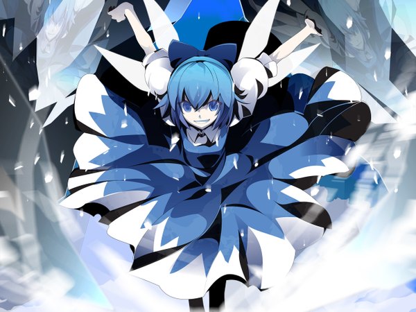 Anime picture 1280x960 with touhou cirno uki (room 405) short hair blue eyes blue hair grin spread arms girl bow hair bow wings ice