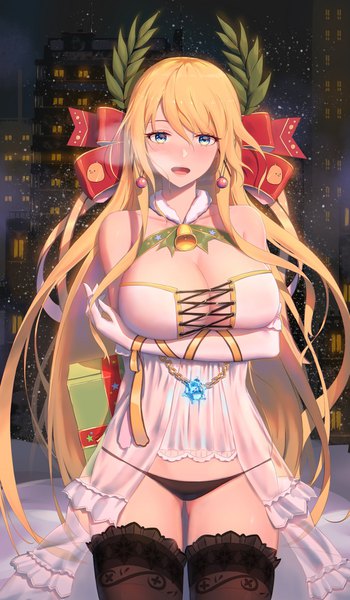 Anime picture 1080x1851 with azur lane victorious (azur lane) 5555 96 single long hair tall image looking at viewer blush fringe breasts open mouth blue eyes light erotic blonde hair hair between eyes large breasts standing cleavage :d night