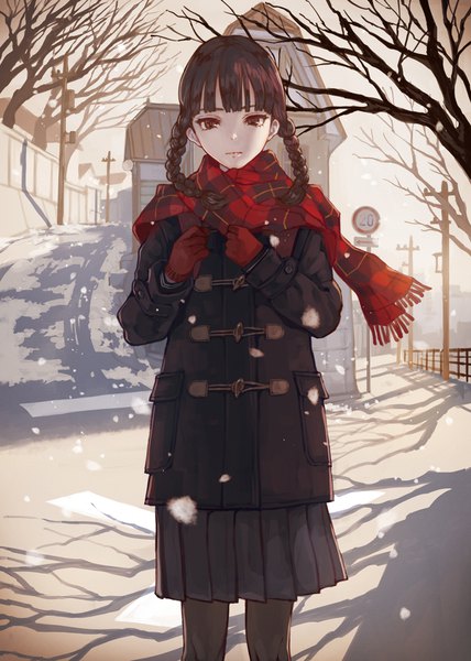 Anime picture 800x1122 with original kaoming single long hair tall image looking at viewer fringe brown hair brown eyes outdoors blunt bangs braid (braids) pleated skirt shadow twin braids snowing winter snow bare tree girl