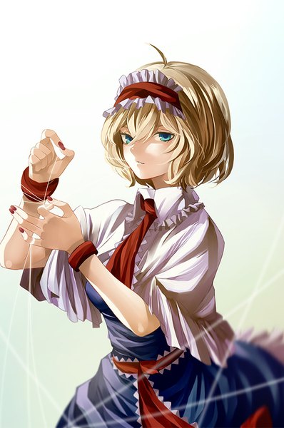 Anime picture 597x900 with touhou alice margatroid eredhen single tall image looking at viewer short hair blue eyes blonde hair simple background white background holding ahoge nail polish from above mouth hold red nail polish girl dress hairband