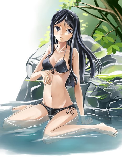 Anime picture 1000x1286 with hanasaku iroha p.a. works tsurugi minko fukumaru (ns1) single long hair tall image looking at viewer black hair sitting black eyes wariza girl navel swimsuit bikini water black bikini