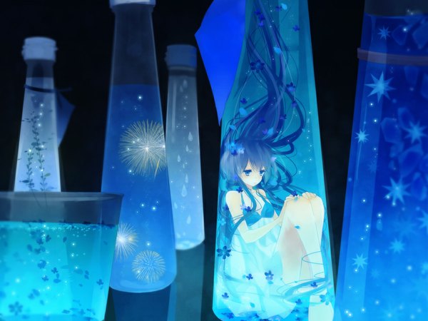 Anime picture 1000x750 with original yuukichi long hair blue eyes black hair weightlessness girl sundress bottle