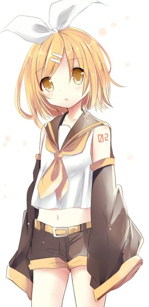 Anime picture 697x1432 with vocaloid kagamine rin asanagi kurumi (panda-doufu) single tall image short hair simple background blonde hair white background yellow eyes looking away long sleeves bare belly girl navel bow hair bow detached sleeves shorts hairclip