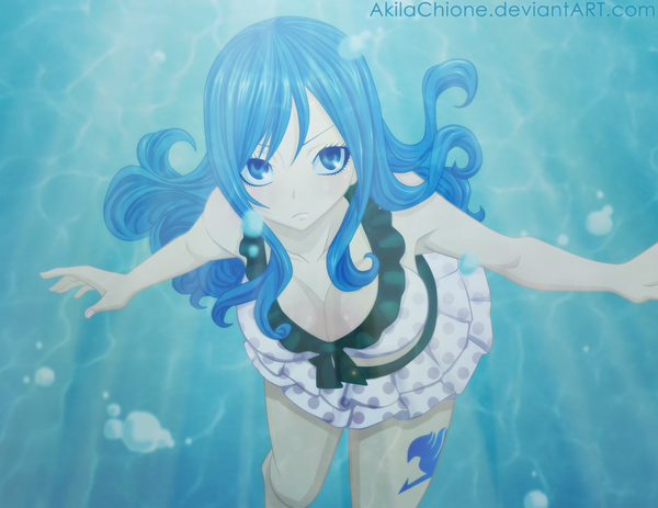 Anime picture 1800x1391 with fairy tail juvia lockser akilachione single long hair highres blue eyes blue hair pleated skirt tattoo coloring underwater polka dot girl