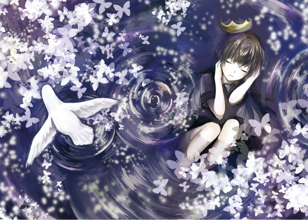 Anime picture 1040x744 with original tomal long hair fringe open mouth brown hair eyes closed from above bare legs short sleeves girl animal water bird (birds) insect butterfly crown