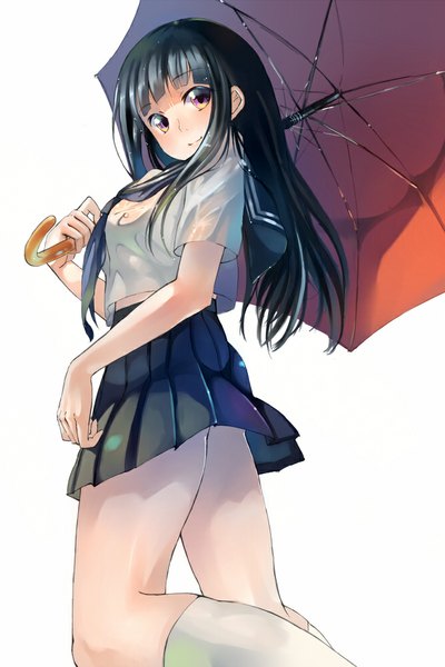 Anime picture 666x1000 with hyouka kyoto animation chitanda eru fukumaru (ns1) single long hair tall image looking at viewer blush fringe breasts black hair simple background smile white background purple eyes holding bent knee (knees) pleated skirt looking back