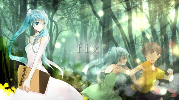 Anime picture 1920x1080 with vocaloid hatsune miku itsuki0v0 (artist) long hair highres wide image twintails aqua eyes aqua hair time paradox girl plant (plants) tree (trees) sundress child (children)