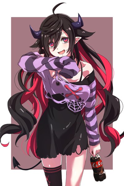 Anime picture 1464x2195 with virtual youtuber nijisanji coca-cola yamiyono moruru karahai (31448823) single long hair tall image looking at viewer fringe open mouth black hair hair between eyes red eyes ahoge tail multicolored hair horn (horns) pointy ears two-tone hair