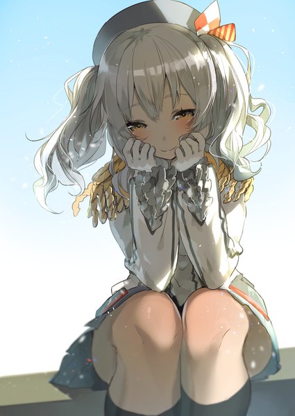 Anime picture 752x1062 with kantai collection kashima training cruiser itohana single tall image looking at viewer blush short hair simple background smile sitting twintails yellow eyes sky bent knee (knees) head tilt pleated skirt light smile sunlight blurry