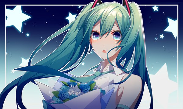 Anime picture 2000x1200 with vocaloid hatsune miku asd13 single long hair fringe highres open mouth blue eyes hair between eyes wide image twintails upper body aqua hair :o tears girl flower (flowers) rose (roses) star (symbol)