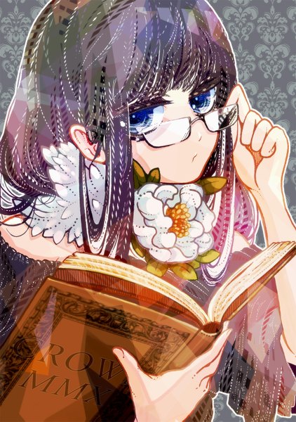 Anime picture 1040x1477 with original pepepo (kyachi) single long hair tall image looking at viewer fringe blue eyes upper body grey hair adjusting glasses girl flower (flowers) glasses book (books)