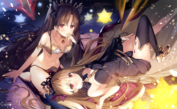 Anime picture 1000x619 with fate (series) fate/grand order ishtar (fate) ereshkigal (fate) necomi (gussan) long hair looking at viewer blush light erotic black hair blonde hair red eyes wide image sitting bare shoulders multiple girls holding signed lying nail polish