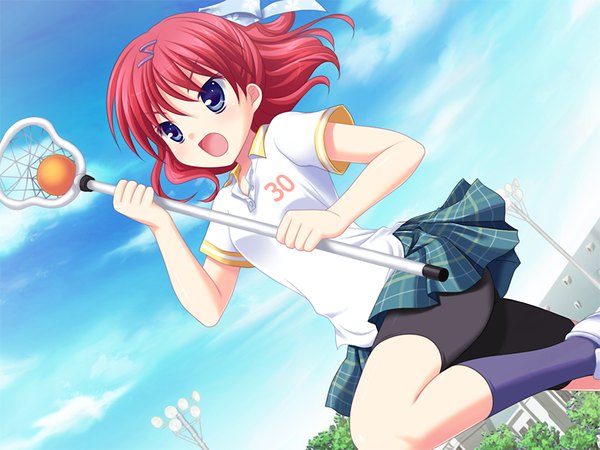Anime picture 1024x768 with marguerite sphere ooura mio yuyi single short hair open mouth blue eyes game cg sky outdoors red hair :d lacrosse girl shorts bobby pin bike shorts