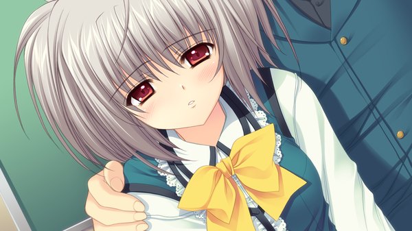 Anime picture 1280x720 with world wide love! (game) short hair red eyes wide image game cg grey hair loli girl uniform school uniform