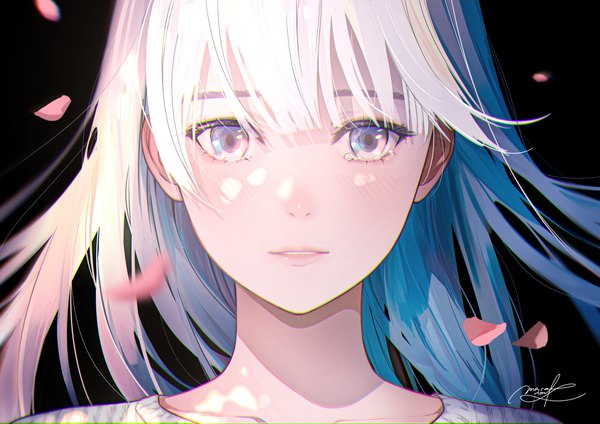 Anime picture 4093x2894 with original macaronk single long hair looking at viewer blush fringe highres simple background signed absurdres white hair blunt bangs parted lips tears floating hair black background portrait close-up face