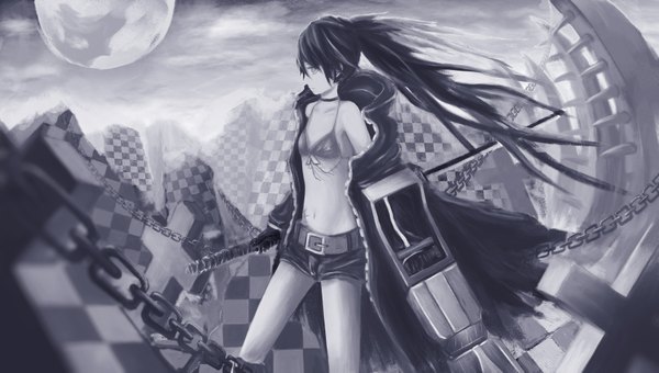 Anime picture 3529x2000 with black rock shooter black rock shooter (character) rainli (artist) single long hair fringe highres black hair wide image twintails off shoulder monochrome checkered girl weapon sword shorts boots belt gun