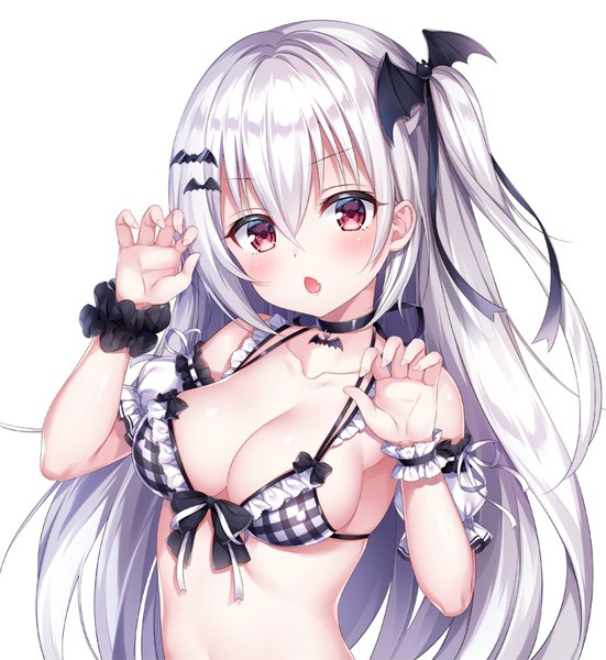 Anime picture 800x871 with original mitsuba choco single long hair tall image looking at viewer blush fringe breasts open mouth light erotic simple background hair between eyes red eyes large breasts white background bare shoulders cleavage silver hair upper body