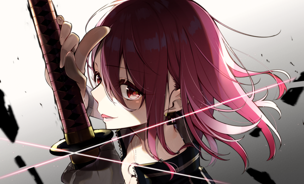 Anime picture 1485x900 with original sakuragi ren single long hair looking at viewer blush fringe simple background hair between eyes red eyes wide image holding pink hair upper body gradient background floating hair shaded face sheathed girl weapon