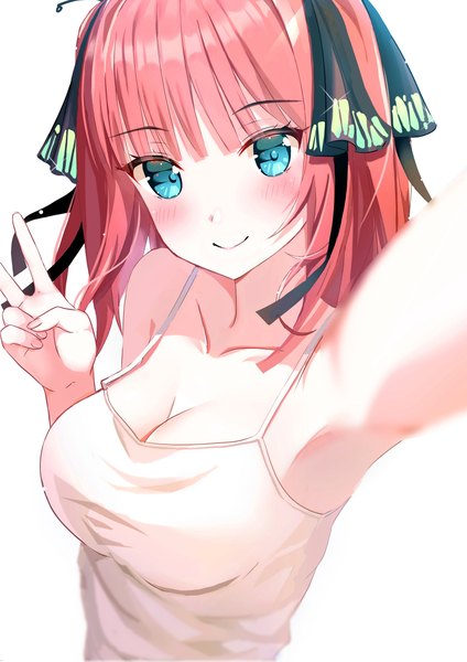 Anime picture 3541x5016 with go-toubun no hanayome nakano nino rei (ilust9999) single tall image looking at viewer blush fringe highres breasts large breasts bare shoulders pink hair absurdres cleavage upper body blunt bangs arm up aqua eyes armpit (armpits)