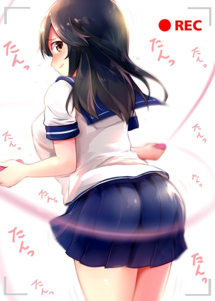 Anime picture 1000x1396 with kantai collection ushio destroyer suke single long hair tall image looking at viewer blush breasts light erotic brown hair large breasts brown eyes ass pleated skirt looking back from behind inscription jumping girl