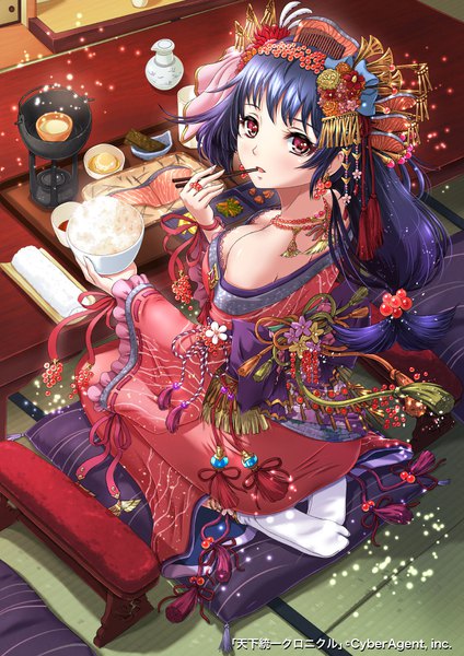 Anime picture 800x1131 with tenkuu no crystalia sakiyamama single long hair tall image looking at viewer blush fringe breasts open mouth light erotic red eyes sitting bare shoulders holding blue hair cleavage indoors traditional clothes japanese clothes