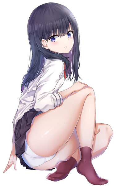 Anime picture 2549x3866 with gridman universe ssss.gridman studio trigger takarada rikka nyung single long hair tall image looking at viewer blush highres blue eyes light erotic black hair simple background white background sitting full body ass parted lips