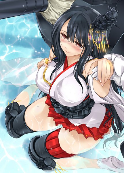 Anime picture 719x1000 with kantai collection admiral (kantai collection) fusou battleship sumeragi hamao single long hair tall image blush breasts light erotic black hair red eyes large breasts traditional clothes tears nontraditional miko girl skirt hair ornament weapon