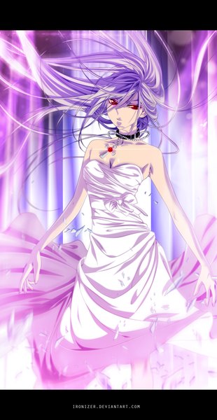 Anime picture 1512x2923 with rosario+vampire akashiya moka inner moka ironizer single long hair tall image red eyes bare shoulders pink hair coloring magic light letterboxed girl dress white dress collar cross beads