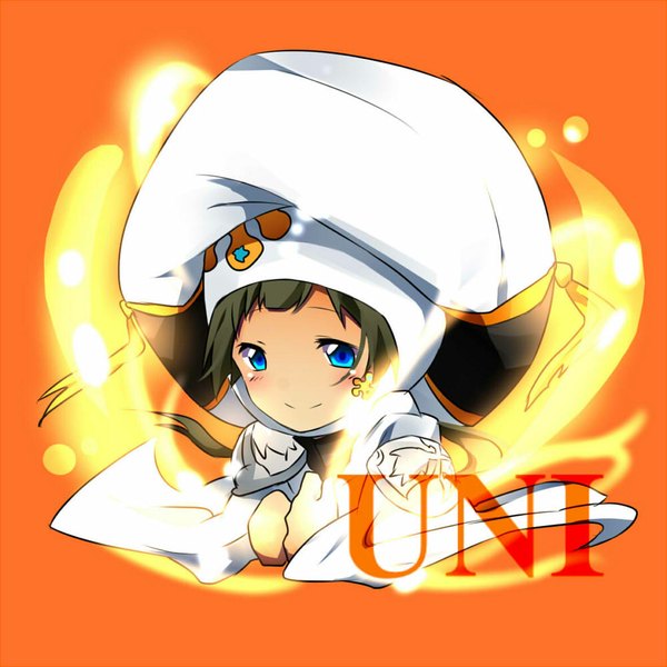 Anime picture 1000x1000 with katekyou hitman reborn uni (khr) matsurinnu single long hair blush blue eyes simple background green hair light smile inscription looking down orange background girl cloak cap