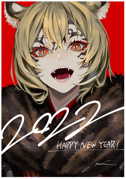 Anime picture 1132x1600 with original lam (ramdayo) single long hair tall image fringe short hair open mouth simple background blonde hair hair between eyes animal ears teeth fang (fangs) border red background slit pupils new year face paint happy new year
