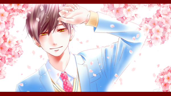 Anime picture 1900x1069 with hananoi-kun to koi no yamai hananoi saki naru (wu-yue) single looking at viewer fringe highres short hair black hair smile hair between eyes wide image yellow eyes upper body arm up cherry blossoms letterboxed boy uniform flower (flowers)