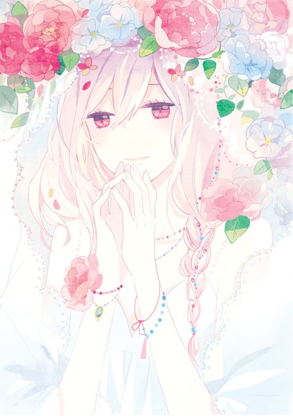 Anime picture 1000x1417 with original kyang692 single long hair tall image blonde hair bare shoulders pink hair pink eyes light smile sleeveless girl dress flower (flowers) bracelet white dress beads wedding veil