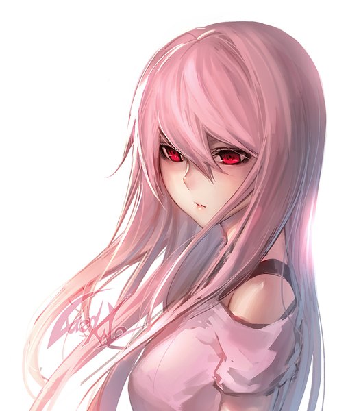Anime picture 878x1000 with original recovered memory ada leah luen kulo single tall image fringe simple background hair between eyes red eyes white background bare shoulders looking away upper body short sleeves portrait girl