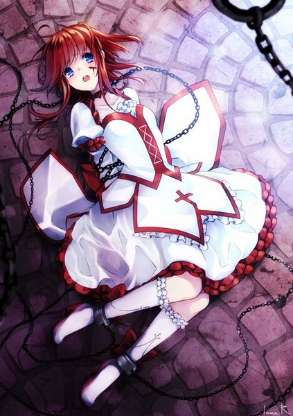 Anime picture 650x922 with original inma r. single tall image fringe short hair open mouth blue eyes red eyes lying from above hands behind back lacing bondage girl dress socks boots white dress blood