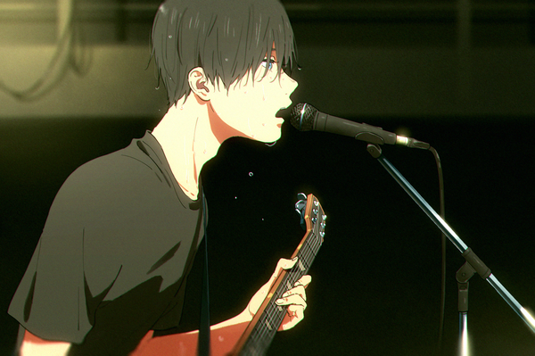 Anime picture 1498x998 with free! kyoto animation nanase haruka (free!) hana bell forest single fringe short hair open mouth blue eyes black hair hair between eyes looking away upper body indoors blurry sweat singing playing instrument boy t-shirt
